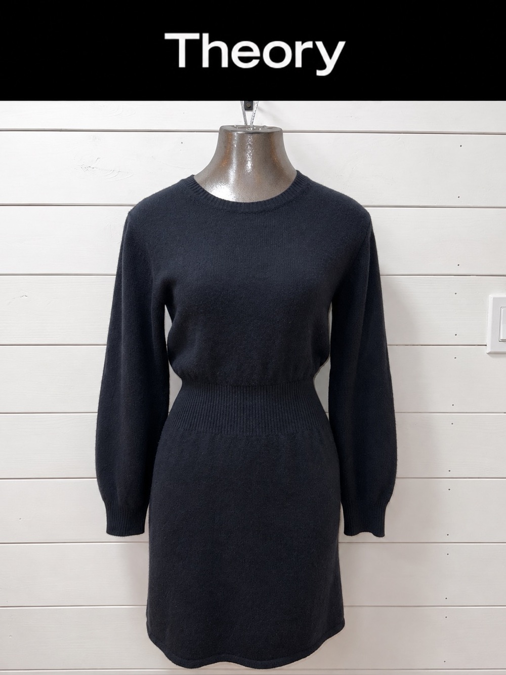 THEORY Rib Waist Wool Cashmere Knit Dress Black Size P